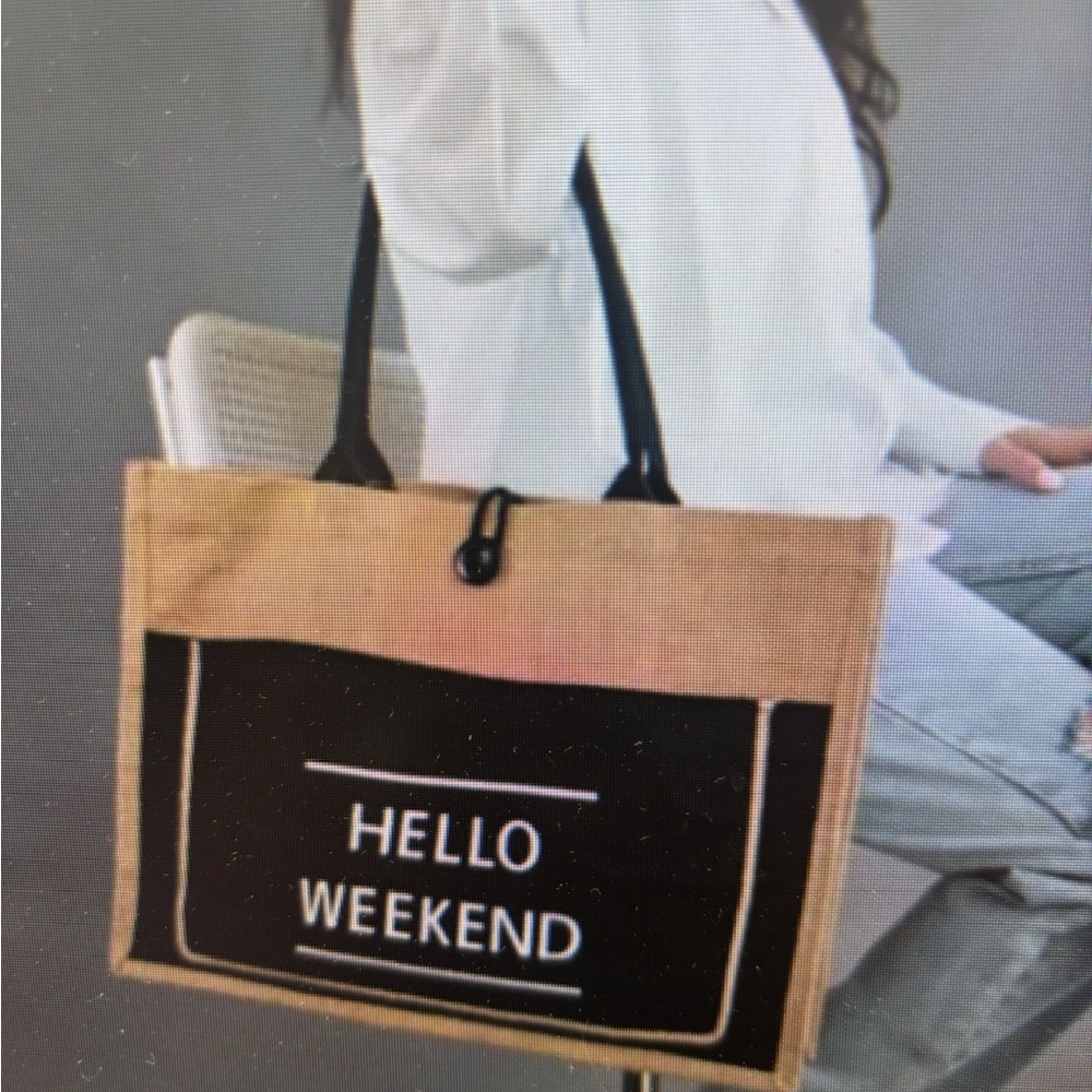 Hello Weekend Burlap Tote Bag with Black Pocket - Picture 4 of 9